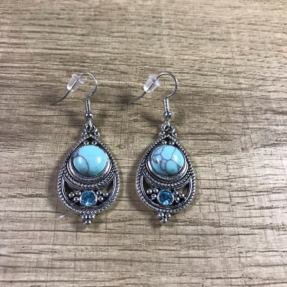 Vintage Silver and Turquoise Teardrop Blue Rhinestone Earrings